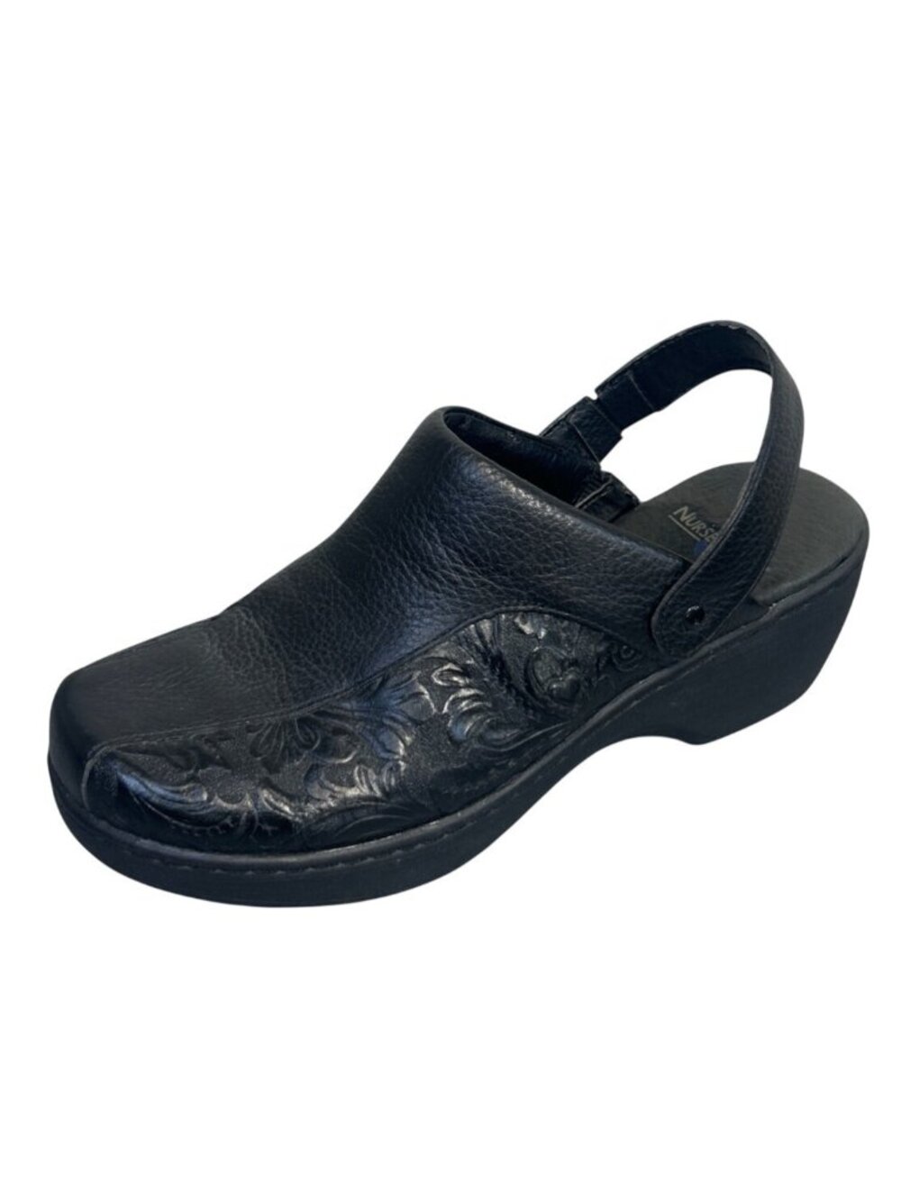Nurse Mates Women's 7W Black Embossed Leather Slingback Comfort Clogs